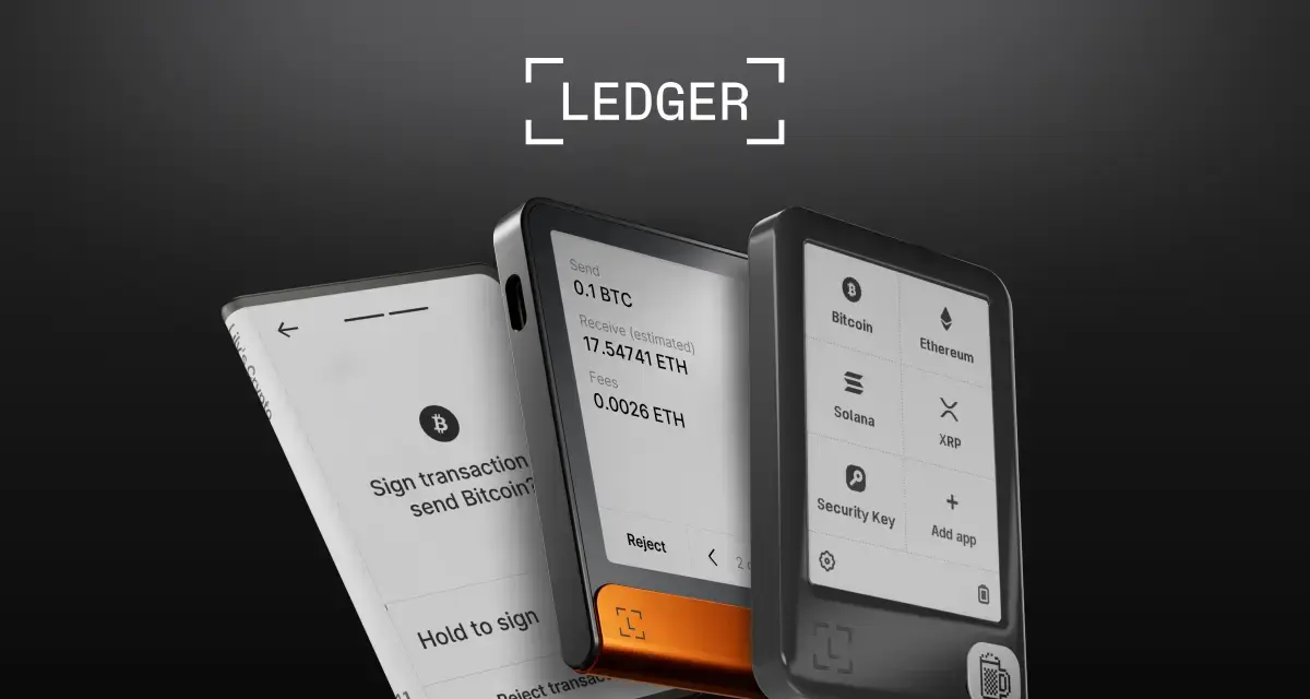 Ledger hardware wallet lineup with transaction interface
